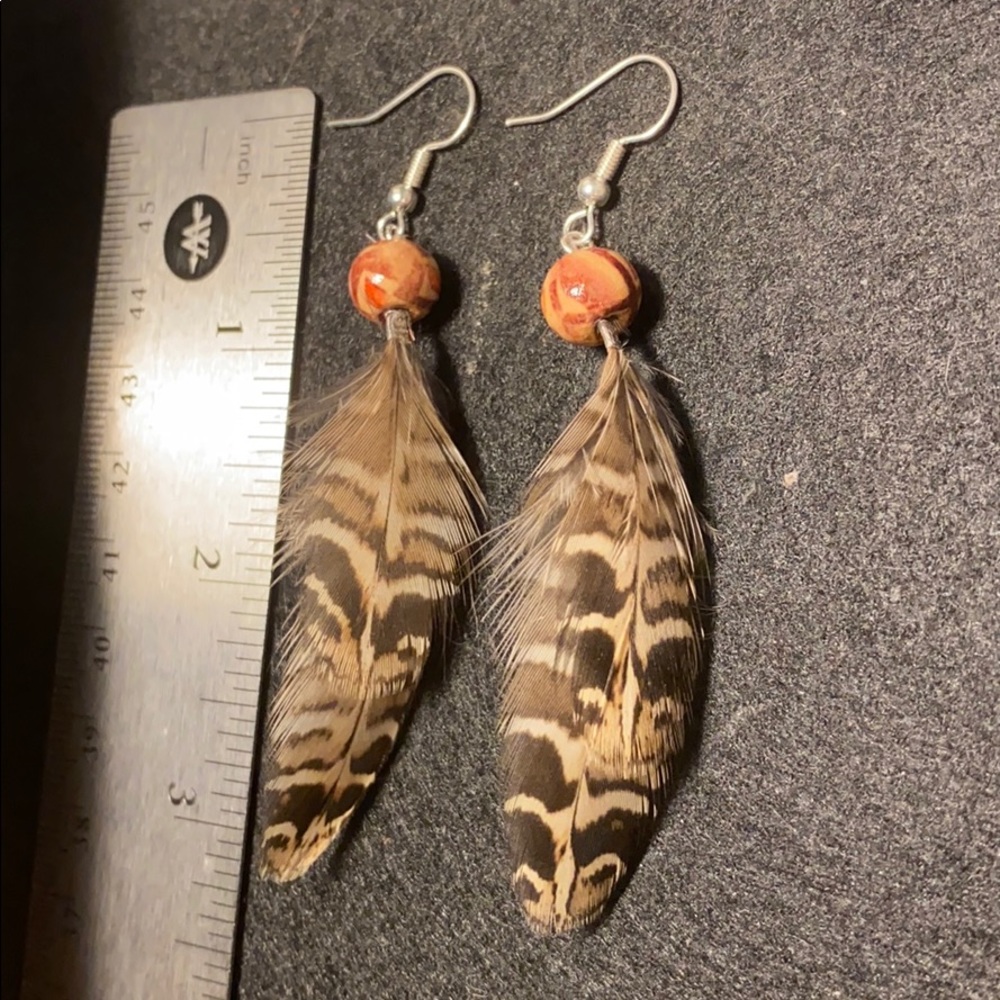 Feather and wood beads handmade earrings Boho